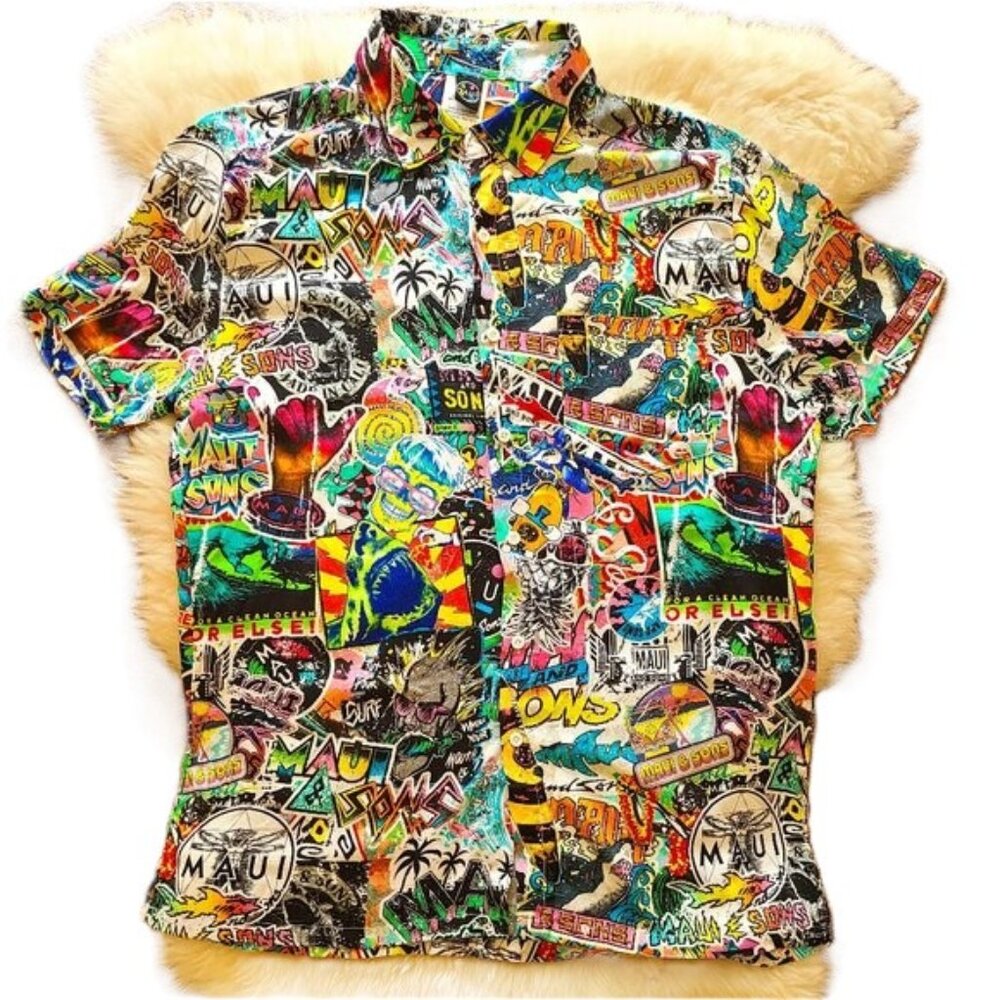 Y2K Maui and Sons Punk Shark Surf Skull Print Button Up Shirt